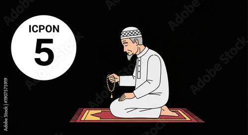Elderly Muslim man praying with prayer beads on a rug.