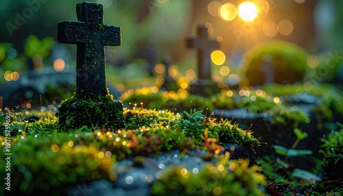 Mossy stone crosses in a sunlit graveyard at dawn, evoking peaceful remembrance