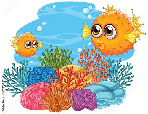 Cartoon Puffer Fish Swimming Over a Colorful Coral Reef Scene