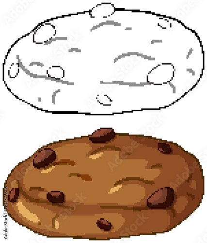 Chocolate Chip Cookie Vector Illustration with Line Art and Colored Version