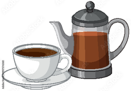 Vector Illustration of a White Coffee Cup and Glass French Press