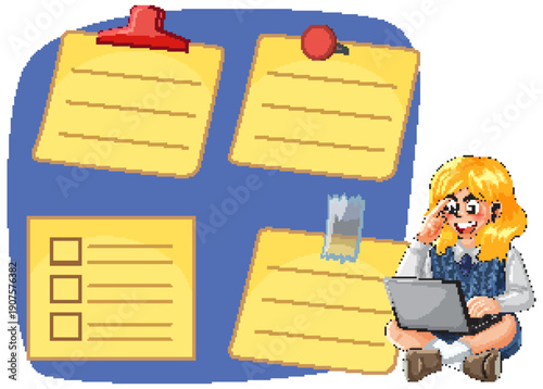 School Girl Using Laptop Next to Large Yellow Sticky Note Reminders