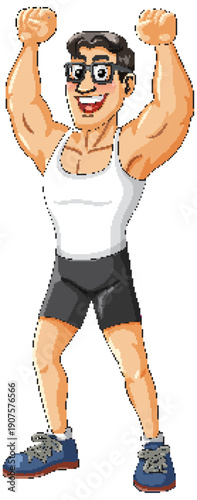 Cartoon Muscular Man Raising Arms in Victory Pose