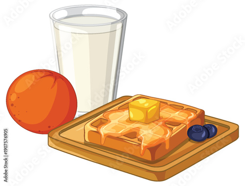Breakfast Vector Illustration with Waffle Glass of Milk and Orange