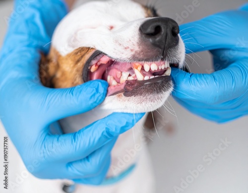 Close-up of a dogs mouth being examined by a veterinarian, dental health checkup.