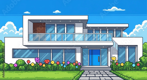 Modern White Two Story House with Glass Balcony and Flowers.