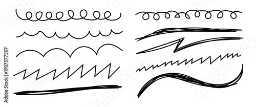Black marker and brush stroke set, hand drawn underline and squiggle lines, artistic doodle elements for creative graphic design. Doodle underline isolated on white background.
