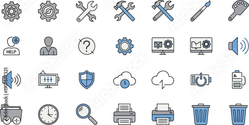 A comprehensive set of vector icons for web and mobile design featuring business, social media, and communication symbols for modern internet applications