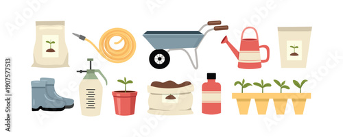 Collection of Essential Gardening Tools and Supplies for Planting and Cultivation. Planting and Cultivation Equipment. Garden Care Tools