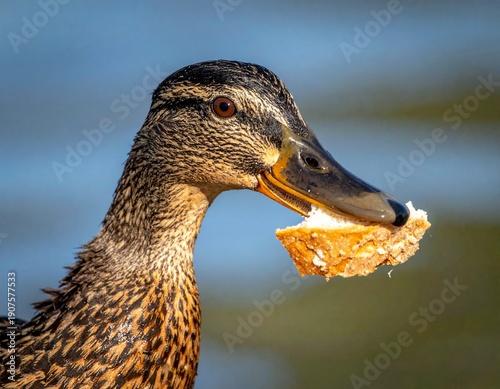 Close-up of a female mallard duck with bread in its beak, enjoying a snack near water.