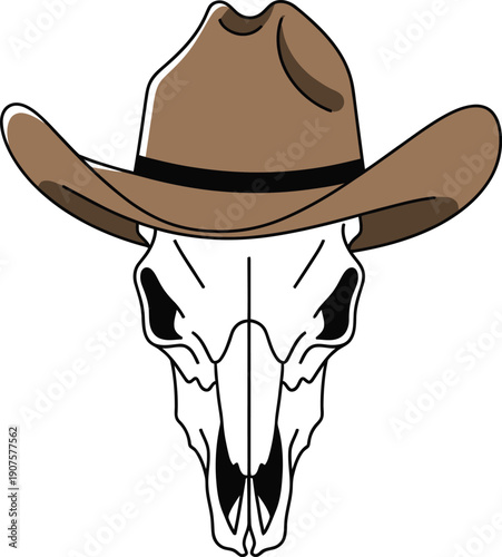 A black vector illustration of a cartoon cowboy character wearing a wild west fashion hat with a moustache and bull face design