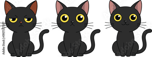 Cute black cat characters vector set with different facial expressions sitting isolated on white background for pet and Halloween designs