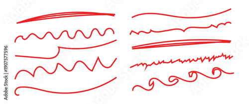 Abstract red brush strokes set, hand drawn underline and scribble texture elements. Rough wavy zigzag patterns or straight horizontal elements. Artistic sketch isolated on white background. 