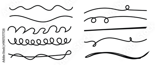Black marker and brush stroke set, hand drawn underline and squiggle lines, artistic doodle elements for creative graphic design. Doodle underline isolated on white background.