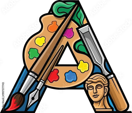 A funny vector illustration of a male and female artist character drawing with a brush, palette, and pencil in a colorful comic style suitable for a talented child or creative kid