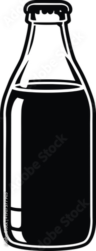 Vintage glass soda bottle icon with crown cap and dark liquid isolated on white background for beverage packaging design and refreshing drink illustration