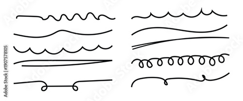 Black marker and brush stroke set, hand drawn underline and squiggle lines, artistic doodle elements for creative graphic design. Doodle underline isolated on white background.