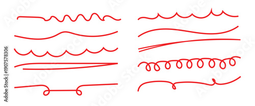 Red hand drawn brush stroke underline set with rough ink texture. Hand drawn underline and scribble texture element lines and curves for modern graphic design on white background.