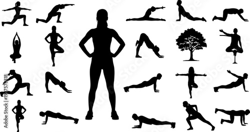 Diverse silhouettes of people performing various yoga and fitness exercises on white background.