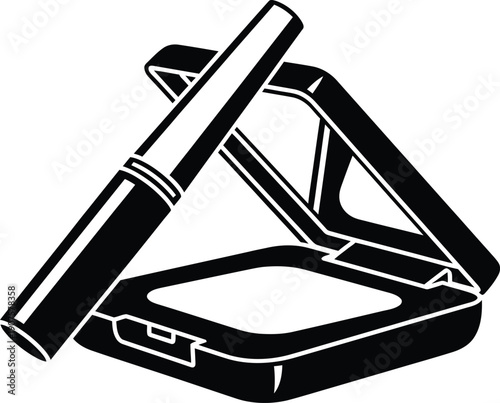 Black and white vector illustration of a cosmetic makeup powder compact with an open mirror lid and mascara tube isolated on a white background