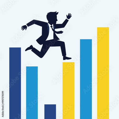 Businessman Running Up Bar Graph.