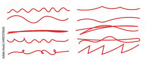 Hand drawn red underline and highlight strokes set, brush and marker doodle lines.  Hand drawn outline sketch wave brush mark elements crosshatch rough dividers set for text highlight underline.