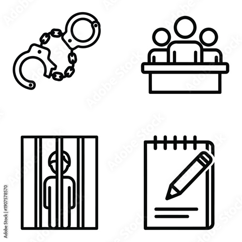 Law and Justice System Vector Icon Set with Handcuffs, Courtroom, and Jail