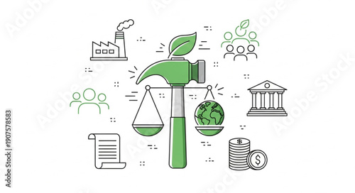 Environmental law concept with scales of justice and nature symbols.