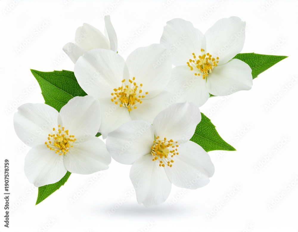 Fototapeta premium Close-up of Delicate White Jasmine Flowers with Green Leaves on White Background.