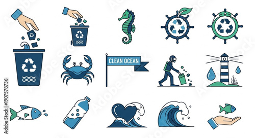 Environmental protection icons for ocean and marine life conservation.