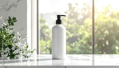 White pump bottle of cosmetic product on marble surface near window with plants.