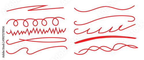 Hand drawn red underline and highlight strokes set, brush and marker doodle lines.  Hand drawn outline sketch wave brush mark elements crosshatch rough dividers set for text highlight underline.