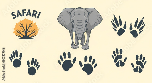 Elephant and animal footprints set for safari adventure.