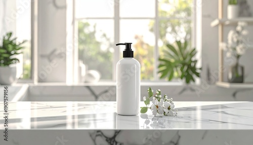 Minimalist white pump bottle of liquid product on a marble countertop with natural light and flowers.