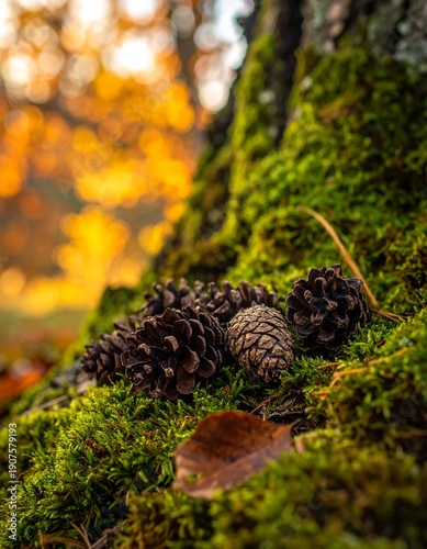 Close-up of pine cones nestled in vibrant green moss on a tree trunk, autumn forest scene.