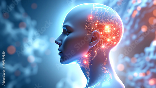 Futuristic android head artificial intelligence neural network glowing circuitry digital brain profile portrait