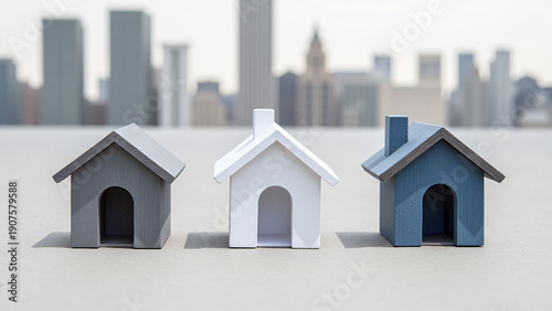 Three miniature wooden house models small model house small white house small gray house small blue house small wooden house miniature model house wood white gray blue roof chimney doorway front