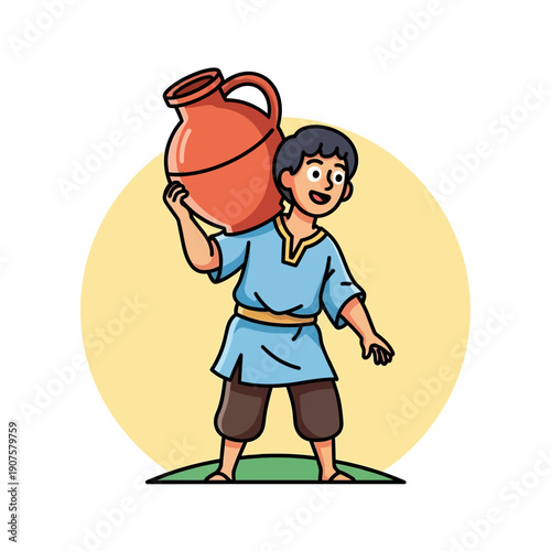 Cartoon Boy Carrying Clay Pot.
