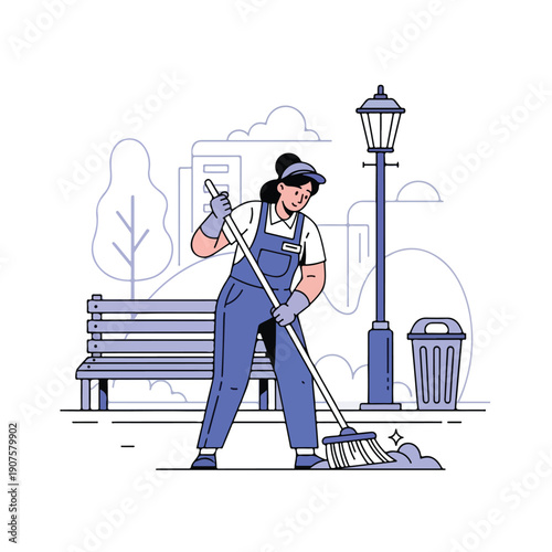 A cartoon woman in blue overalls sweeps the street with a broom next to a bench and lamppost in a cute urban setting.