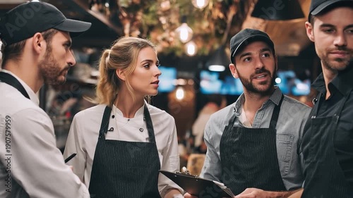  A focused team of restaurant professionals, engaged in a collaborative discussion within the warmly lit interior of an establishment, embodies professionalism and teamwork.