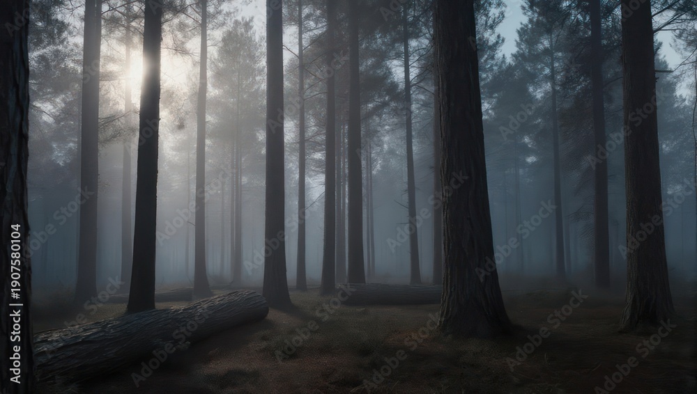 Fototapeta premium Ethereal Forest - Sunlit Mist Among Tall Trees.