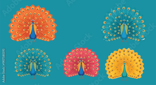 Colorful peacocks displaying vibrant plumage in a graphic illustration