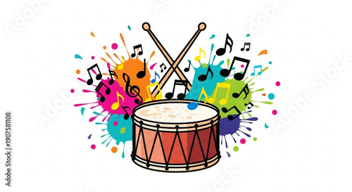 Vibrant drumming illustration with colorful music notes and paint splatters