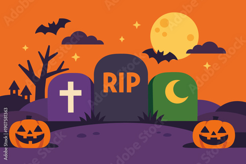 Spooky Halloween Graveyard Night Vector. Flat Design Illustration with Pumpkins, Tombstones (RIP), Bats, and Full Moon on Orange Background.
