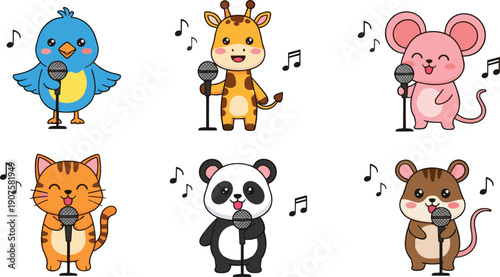 Cute singing animal characters vector set with bird giraffe mouse cat panda and hamster holding microphones isolated on white background