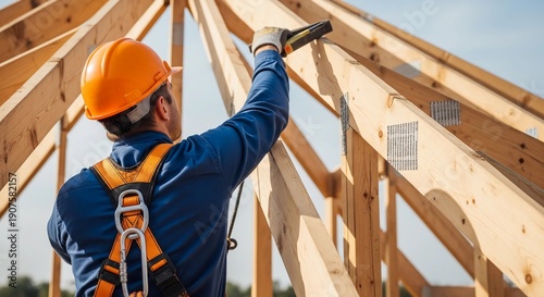 Construction worker wearing a safety harness and hard hat works on a wooden roof structure
