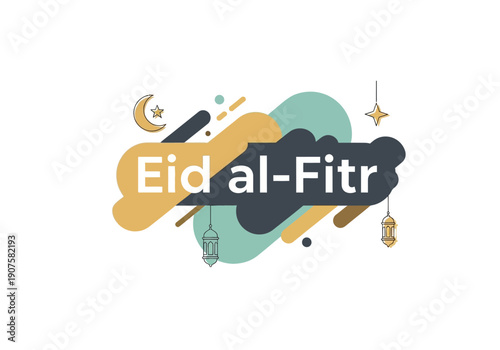 Eid al-Fitr Greeting Card with Islamic Decorations and Abstract Shapes