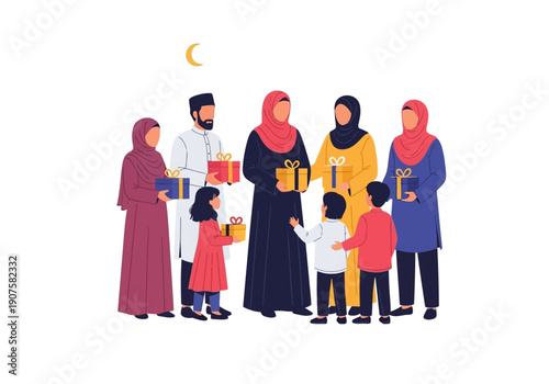 A Muslim family celebrating a holiday together and exchanging gifts, with a crescent moon in the background