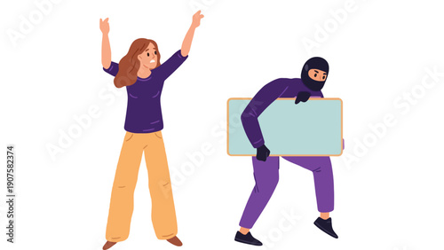 Woman in purple shirt celebrating while a masked person holds a sign nearby