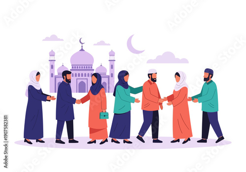 Muslims celebrating Eid al-Fitr, shaking hands and embracing in front of a mosque